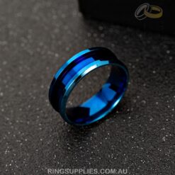 Blue coloured stainless steel ring blank with inlay channel
