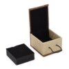 Burlap-covered ring box shown open beside its removable black insert