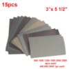 15-sheet sandpaper pack with sheet dimensions and included grit grades