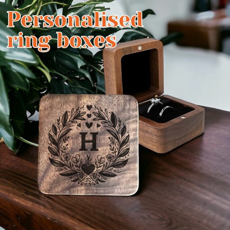 Walnut square ring presentation box for 1 or 2 rings - White, Blackor Brown