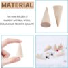 Natural wood cone ring display stands shown upright and held in a hand
