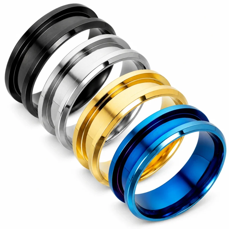 8mm stainless steel ring blanks with 4mm inlay channels in black, silver, gold and blue