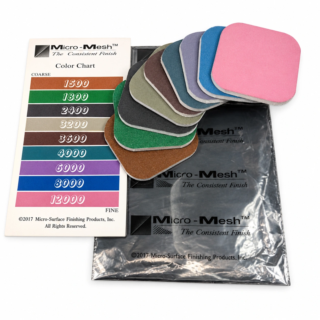Micro-Mesh sanding kit with coloured pads, grit chart and packaging on a white background