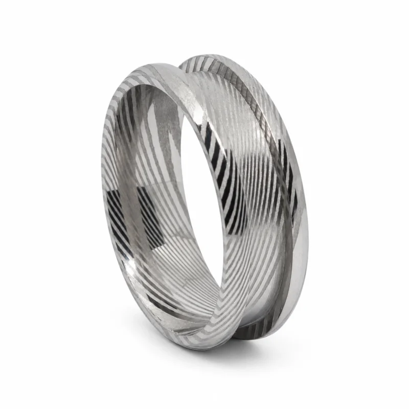 Damascus patterned stainless steel ring blank with inlay channel on a white studio background