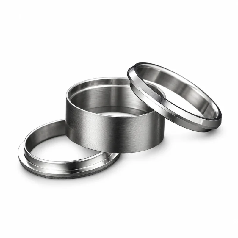 Three-part stainless steel ring blank shown disassembled for bent wood and other inlay materials